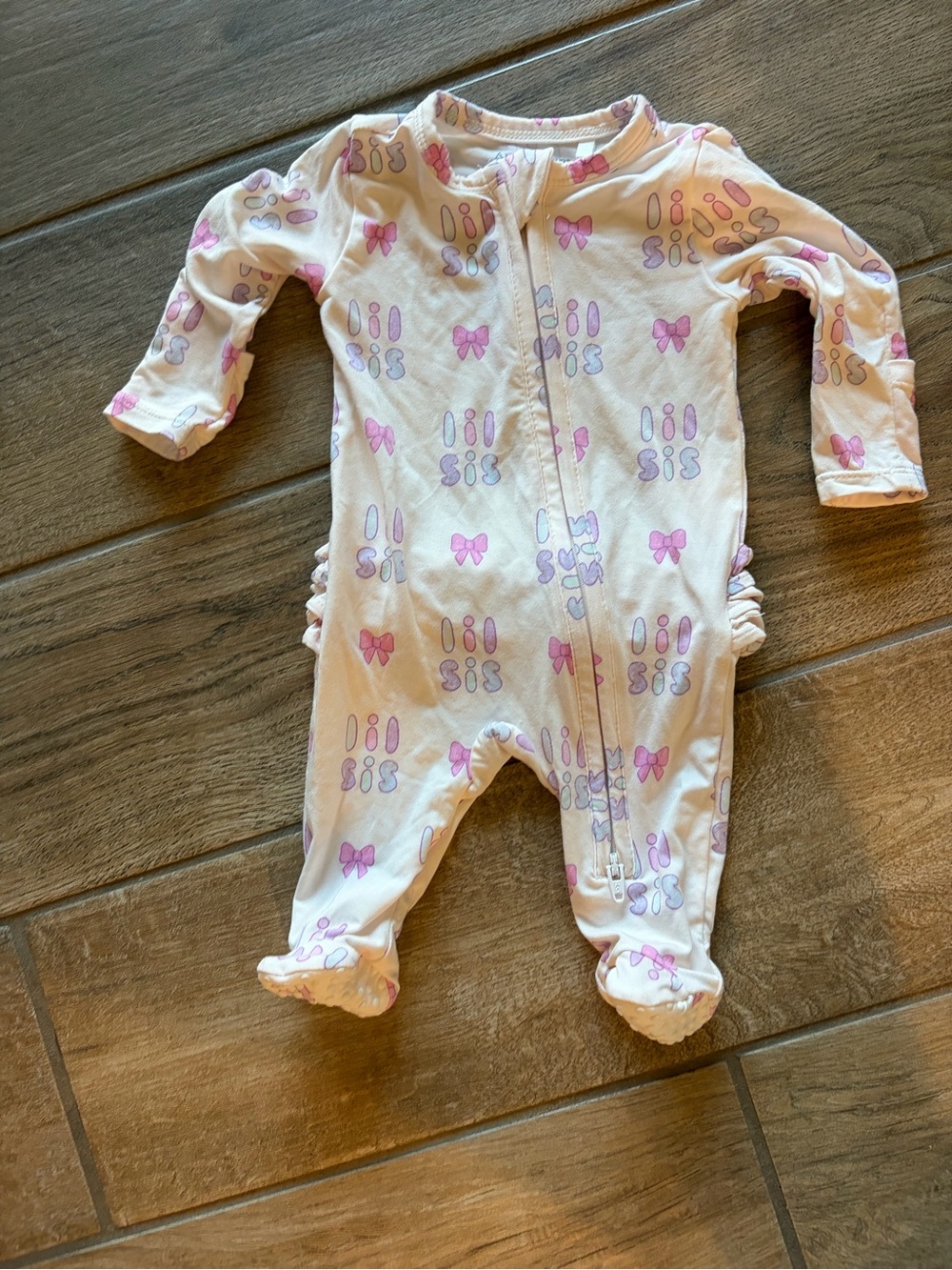 Angel Dear Lil Sis 2 Way Zipper Ruffle Back Footie pink purple Bows Newborn